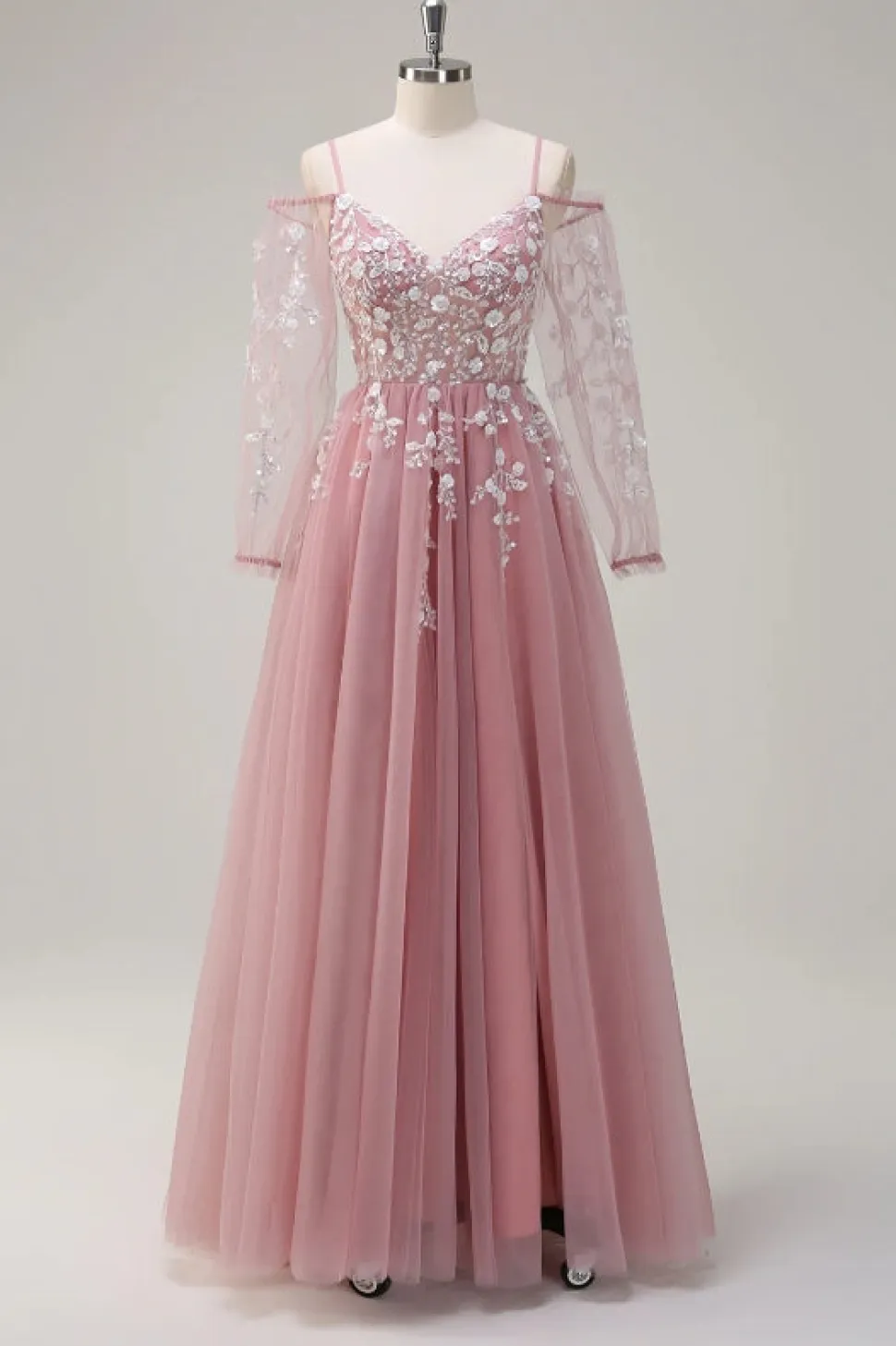 Blush A-Line Cold Shoulder Corset Appliqued Long Prom Dress com Fenda