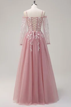 Blush A-Line Cold Shoulder Corset Appliqued Long Prom Dress com Fenda