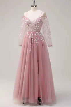Blush A-Line Cold Shoulder Corset Appliqued Long Prom Dress com Fenda