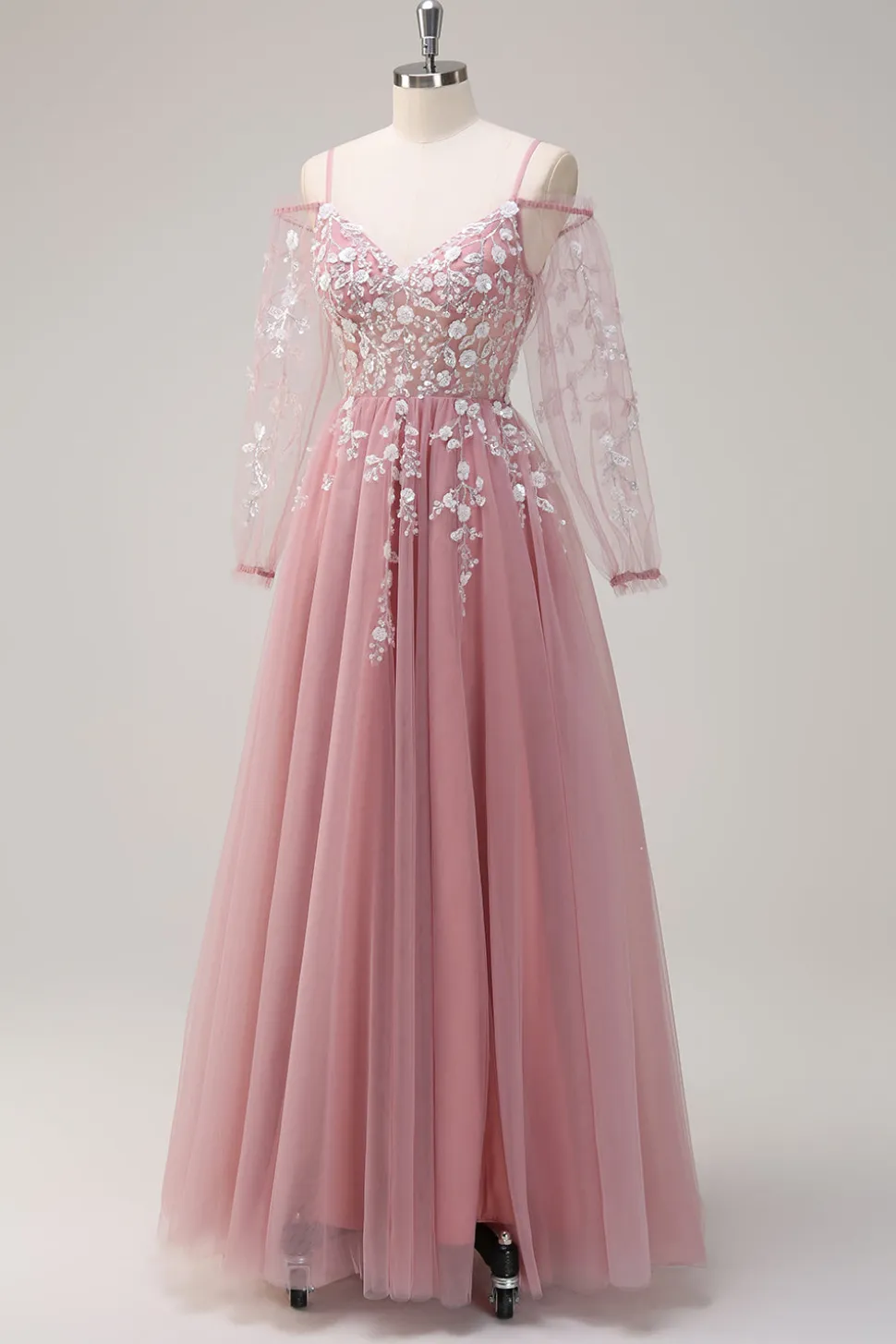 Blush A-Line Cold Shoulder Corset Appliqued Long Prom Dress com Fenda
