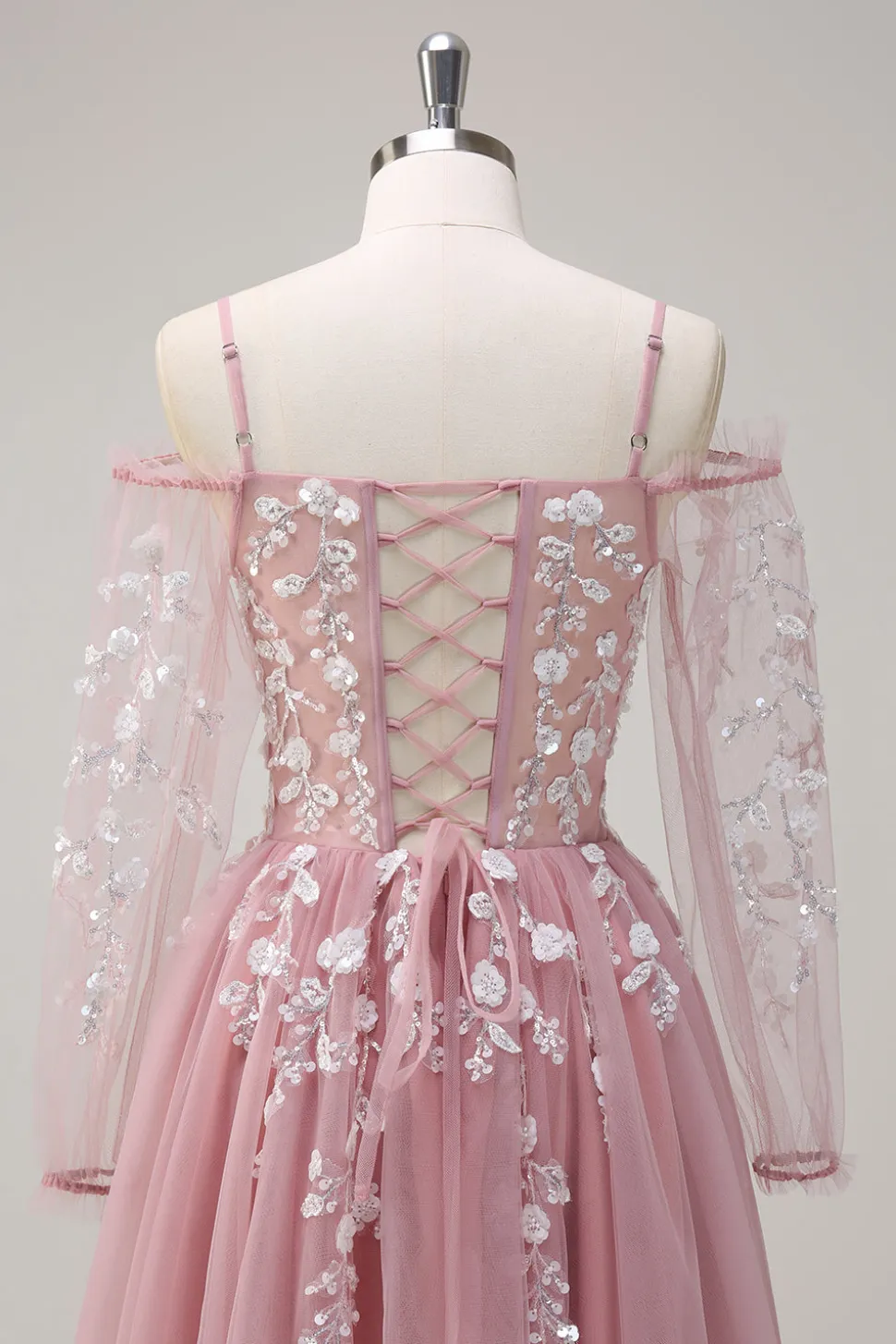 Blush A-Line Cold Shoulder Corset Appliqued Long Prom Dress com Fenda