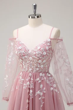 Blush A-Line Cold Shoulder Corset Appliqued Long Prom Dress com Fenda