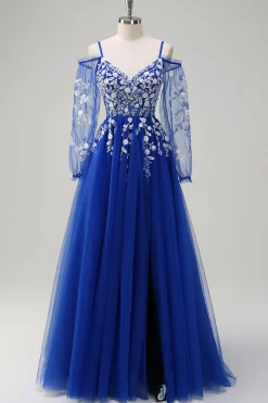 Blush A-Line Cold Shoulder Corset Appliqued Long Prom Dress com Fenda