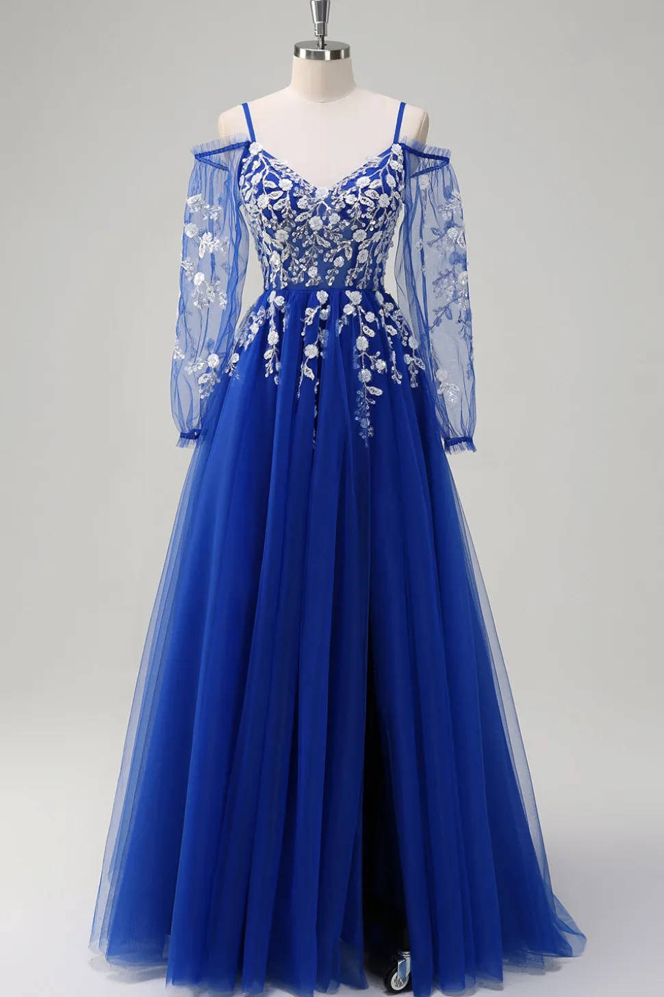 Blush A-Line Cold Shoulder Corset Appliqued Long Prom Dress com Fenda