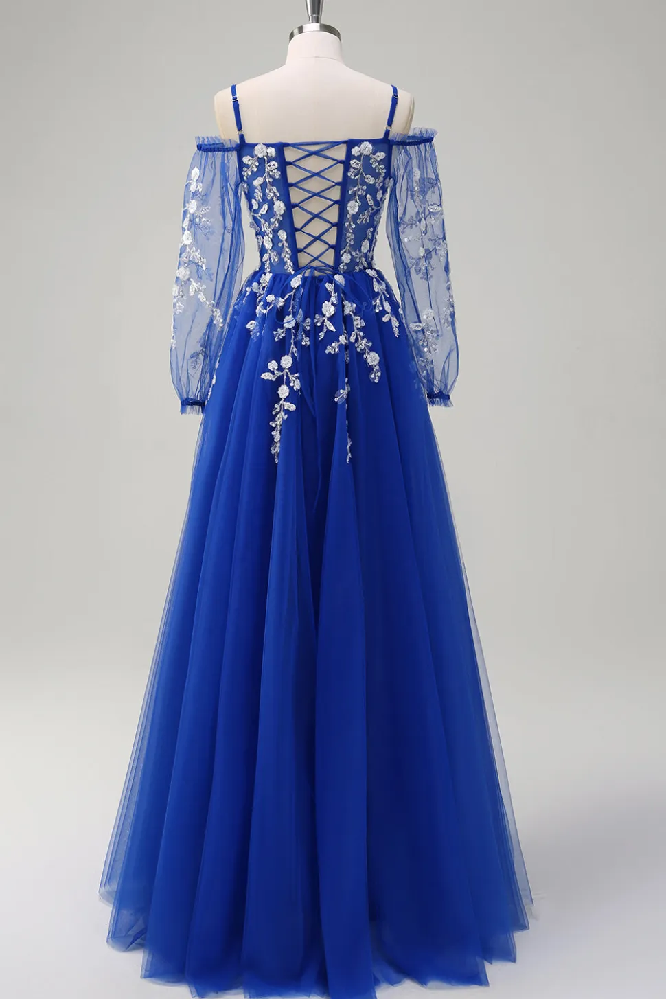 Blush A-Line Cold Shoulder Corset Appliqued Long Prom Dress com Fenda