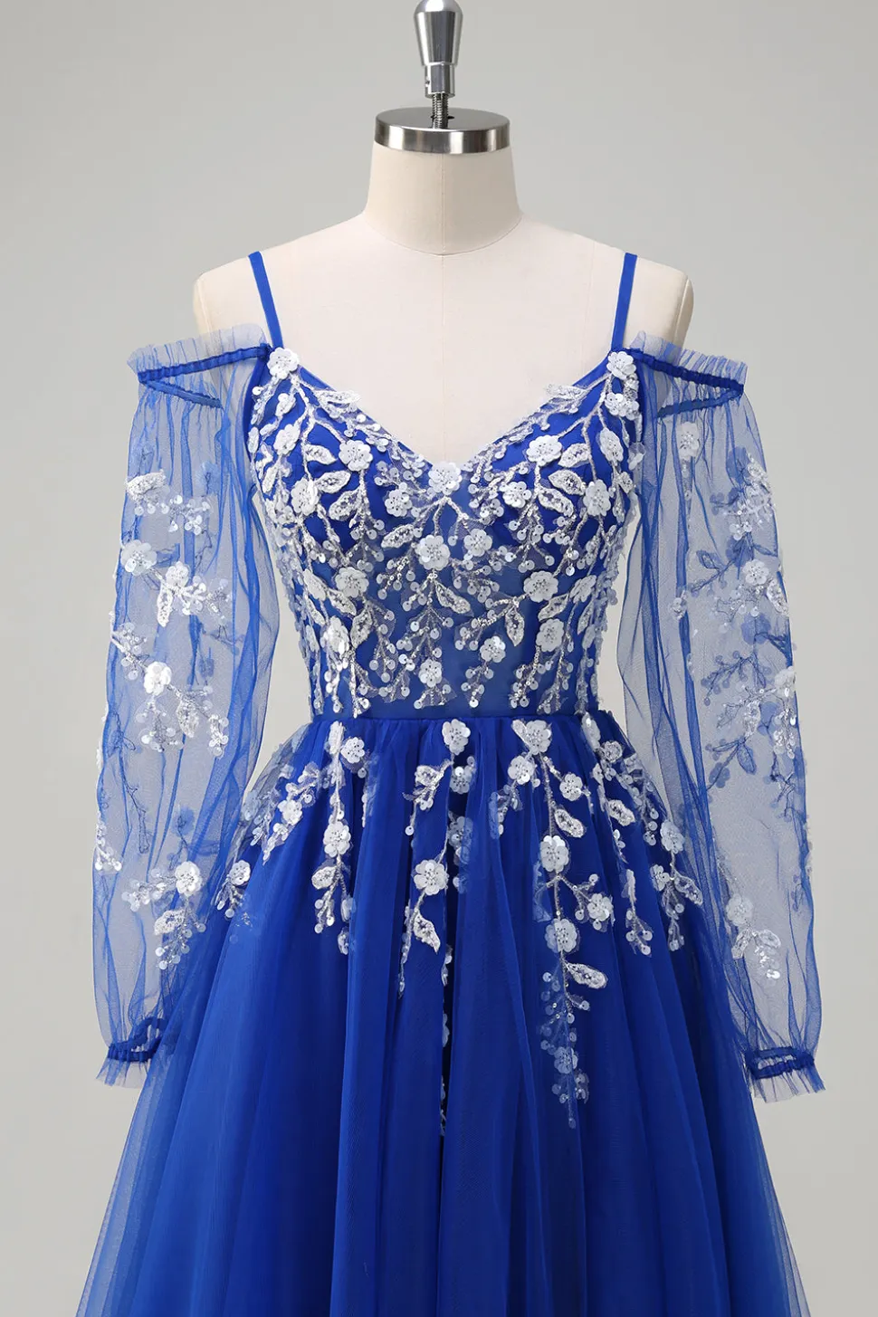 Blush A-Line Cold Shoulder Corset Appliqued Long Prom Dress com Fenda
