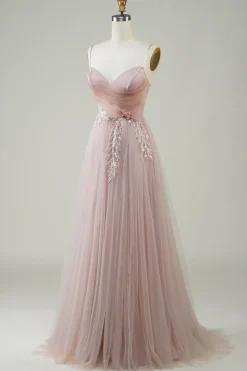 Blush A-Line Corset Long Tulle Prom Dress com Apliques