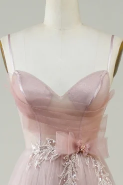 Blush A-Line Corset Long Tulle Prom Dress com Apliques