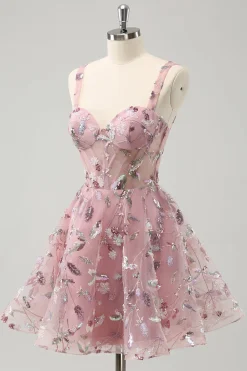 Blush A-Line Espaghetti Correias Short Corset Homecoming Dress com Missangas