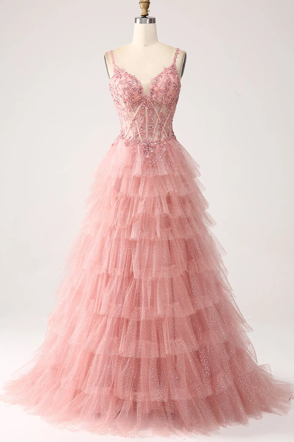 Blush A-Line Esparguete Correias Tiered Tulle Corset Long Prom Dress