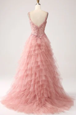 Blush A-Line Esparguete Correias Tiered Tulle Corset Long Prom Dress