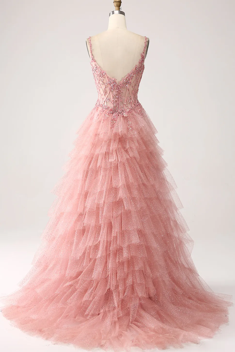 Blush A-Line Esparguete Correias Tiered Tulle Corset Long Prom Dress