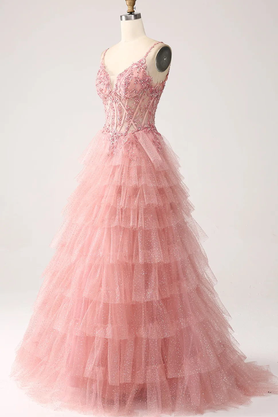 Blush A-Line Esparguete Correias Tiered Tulle Corset Long Prom Dress