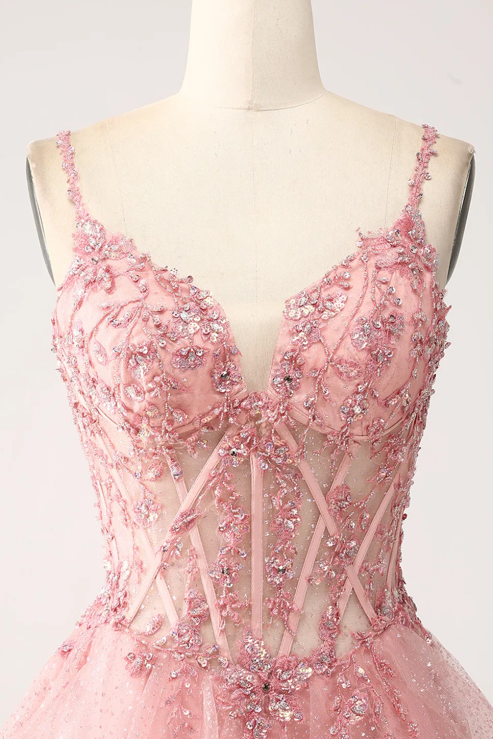 Blush A-Line Esparguete Correias Tiered Tulle Corset Long Prom Dress