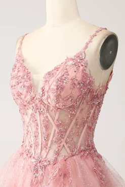 Blush A-Line Esparguete Correias Tiered Tulle Corset Long Prom Dress