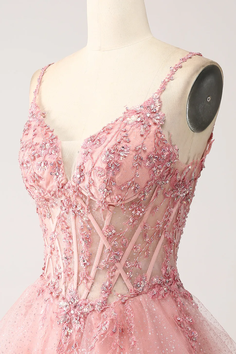 Blush A-Line Esparguete Correias Tiered Tulle Corset Long Prom Dress