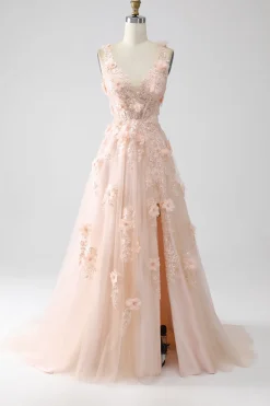 Blush A-Line Esparguete Correias Vestido Longo Baile de Formatura com Apliques