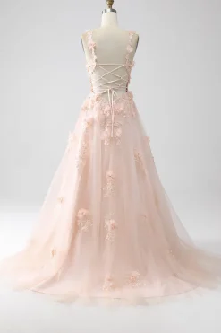 Blush A-Line Esparguete Correias Vestido Longo Baile de Formatura com Apliques