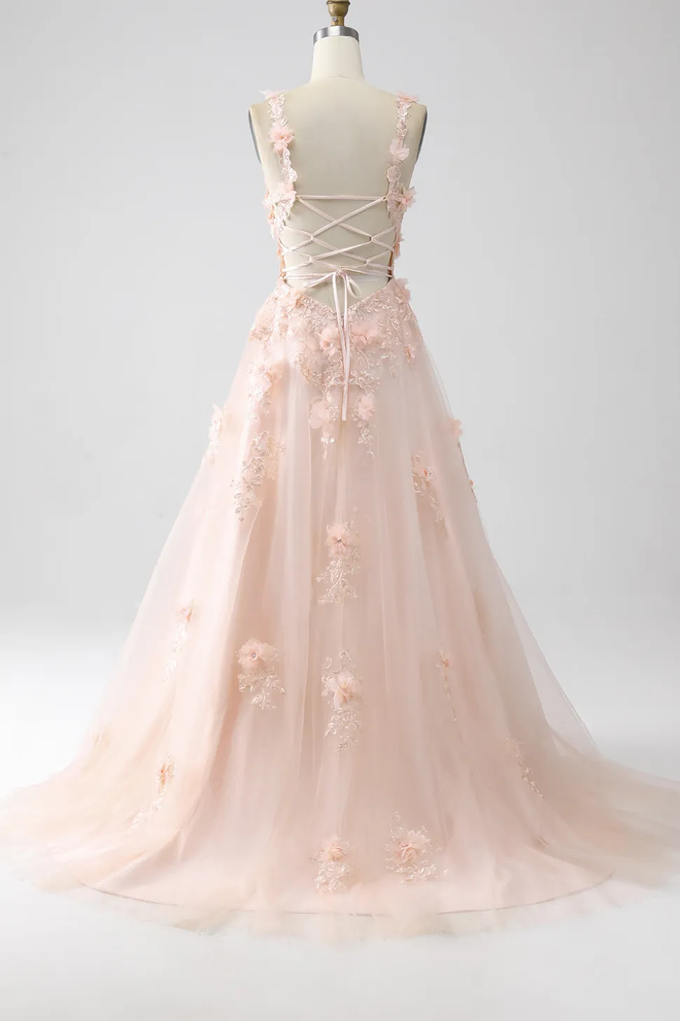 Blush A-Line Esparguete Correias Vestido Longo Baile de Formatura com Apliques