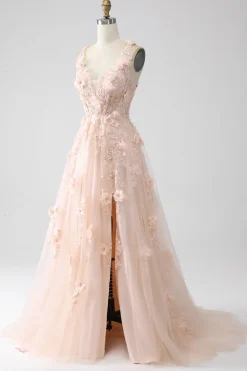 Blush A-Line Esparguete Correias Vestido Longo Baile de Formatura com Apliques