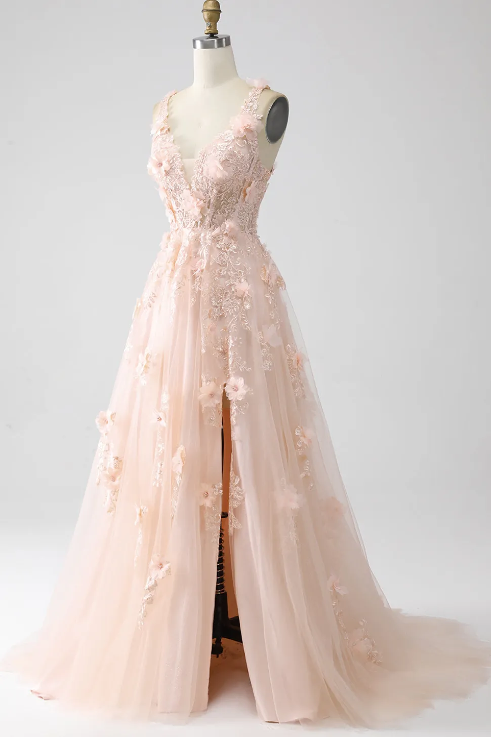 Blush A-Line Esparguete Correias Vestido Longo Baile de Formatura com Apliques
