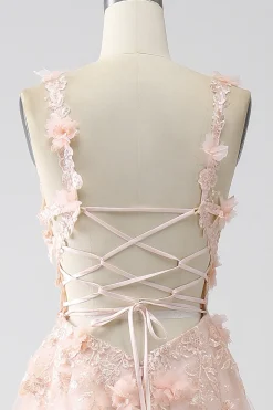 Blush A-Line Esparguete Correias Vestido Longo Baile de Formatura com Apliques