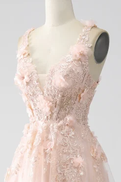 Blush A-Line Esparguete Correias Vestido Longo Baile de Formatura com Apliques