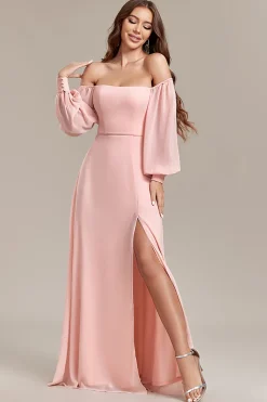 Blush A-Line fora do ombro longo vestido formal com fenda
