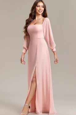 Blush A-Line fora do ombro longo vestido formal com fenda