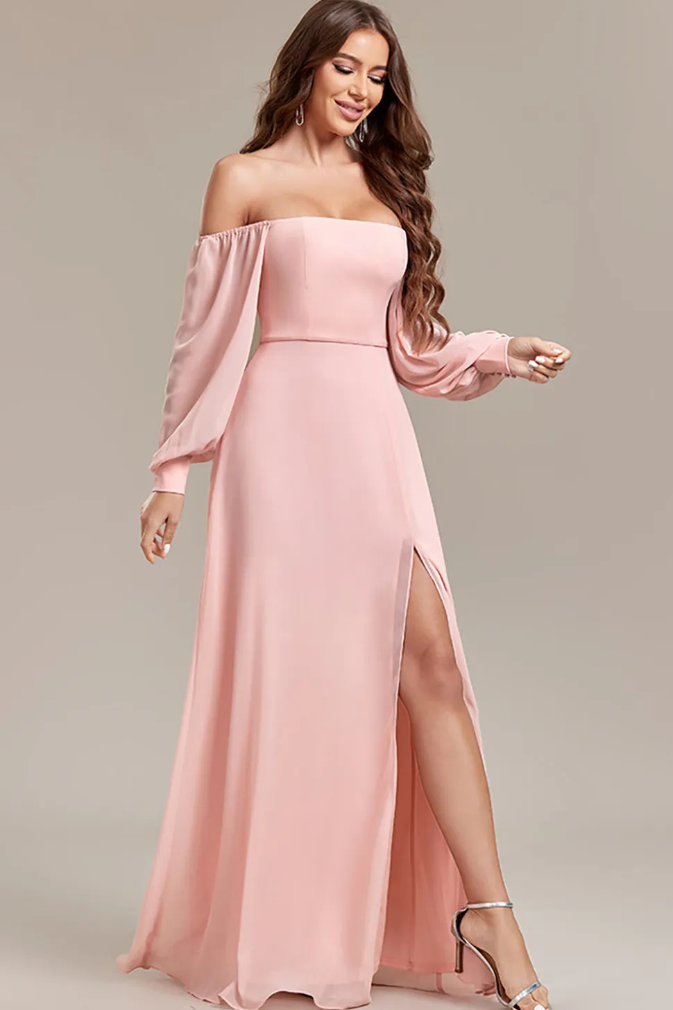 Blush A-Line fora do ombro longo vestido formal com fenda
