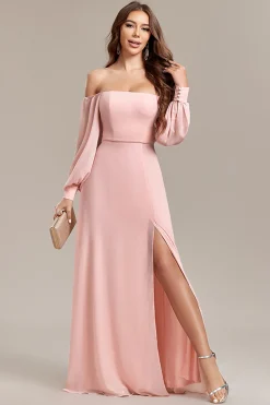 Blush A-Line fora do ombro longo vestido formal com fenda