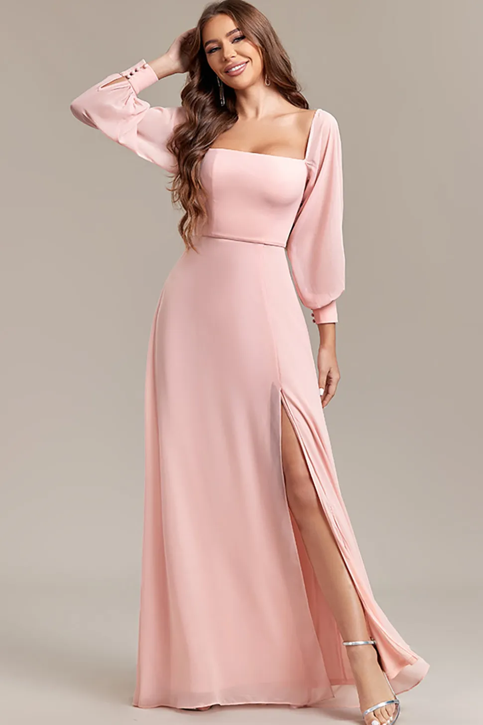 Blush A-Line fora do ombro longo vestido formal com fenda