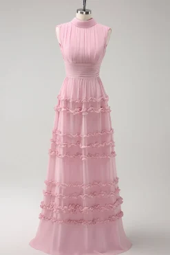 Blush babado Chiffon A-Line vestido de dama de honra com costas abertas