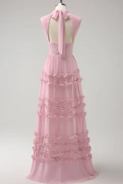 Blush babado Chiffon A-Line vestido de dama de honra com costas abertas