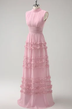 Blush babado Chiffon A-Line vestido de dama de honra com costas abertas