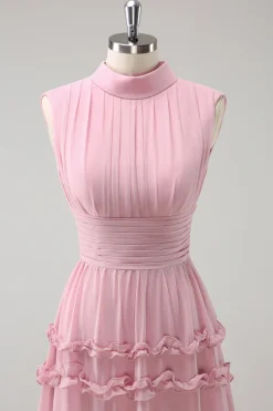 Blush babado Chiffon A-Line vestido de dama de honra com costas abertas