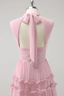 Blush babado Chiffon A-Line vestido de dama de honra com costas abertas