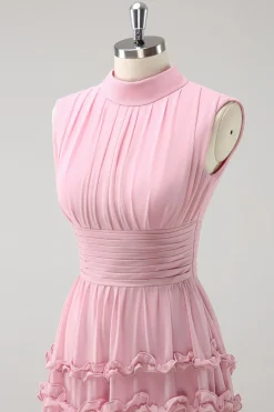 Blush babado Chiffon A-Line vestido de dama de honra com costas abertas