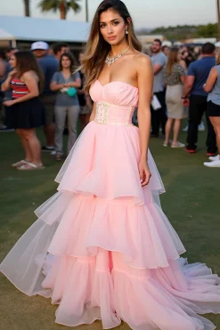 Blush babado uma linha querida longo vestido de gala