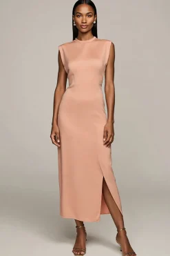 Blush bainha cetim longo vestido formal com fenda