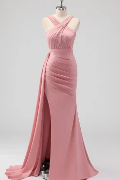 Blush Bainha Esparguete Correias Cetim Ruched Long Vestido de Dama de Honra