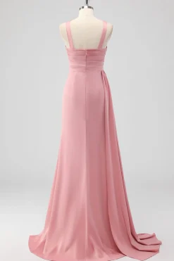 Blush Bainha Esparguete Correias Cetim Ruched Long Vestido de Dama de Honra
