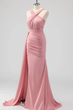 Blush Bainha Esparguete Correias Cetim Ruched Long Vestido de Dama de Honra