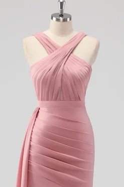 Blush Bainha Esparguete Correias Cetim Ruched Long Vestido de Dama de Honra