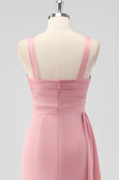 Blush Bainha Esparguete Correias Cetim Ruched Long Vestido de Dama de Honra