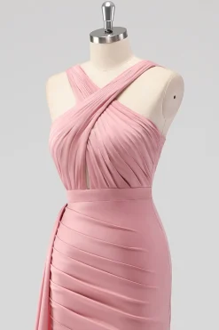 Blush Bainha Esparguete Correias Cetim Ruched Long Vestido de Dama de Honra