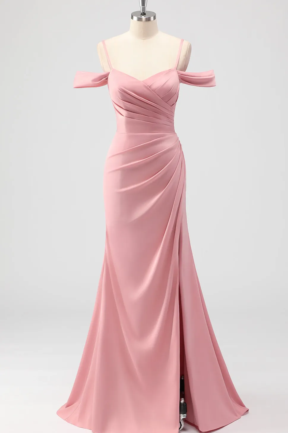 Blush Bainha Ombro Frio Cetim Vestido Longo Madrinha