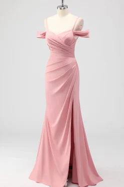 Blush Bainha Ombro Frio Cetim Vestido Longo Madrinha