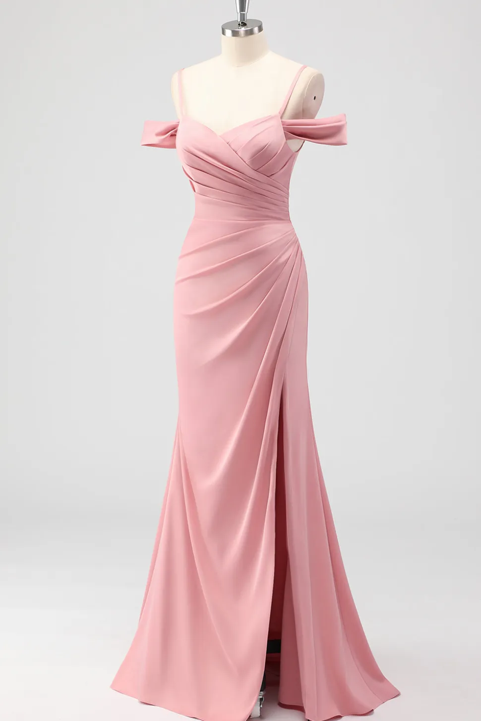 Blush Bainha Ombro Frio Cetim Vestido Longo Madrinha