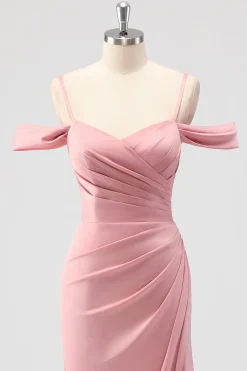 Blush Bainha Ombro Frio Cetim Vestido Longo Madrinha